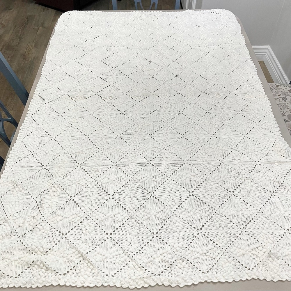 Vintage Ecru Crocheted Table/Bed Cover Popcorn Stitch Heritage Farmhouse 40x60"
